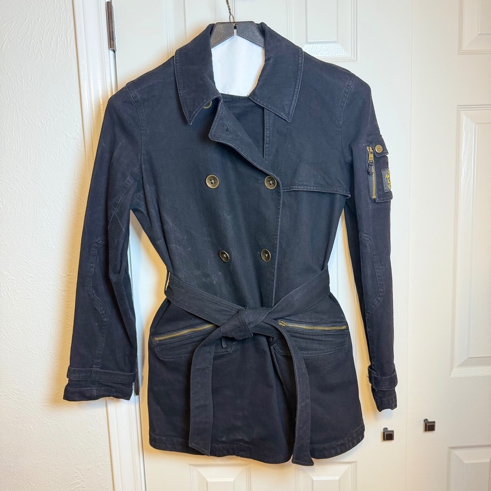 Lauren Jeans Co Ralph Lauren Women's Black Denim Double Breasted Belted Coat L